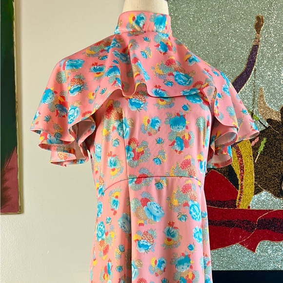Vintage 70s Floral MaxiGunne Sax Style Prairie DressRuffle Cape CollarM
